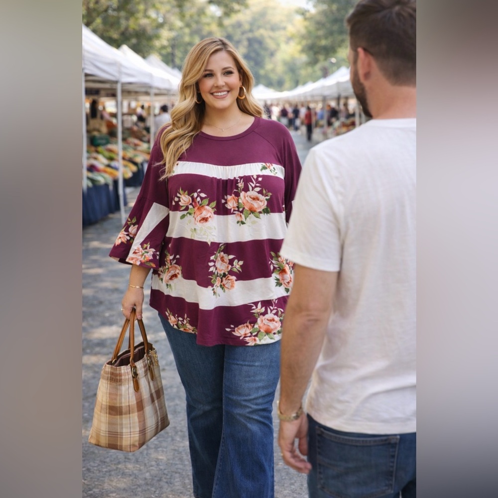 Emerald Floral Striped Burgundy Top 2X new 
🩷❤️🧡 BG 12